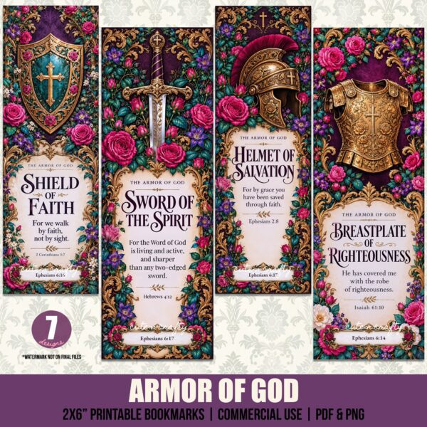 Armor of God Printable Bookmarks: Set of 7 Christian Bookmarks for Women