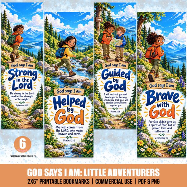 God Says I Am Little Adventurers Printable Bookmarks: Set of 6 Christian Kids Bookmarks