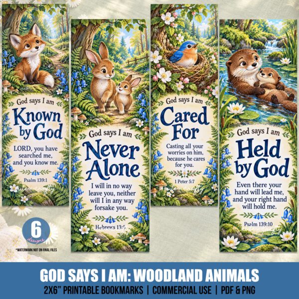 God Says I Am Woodland Animals Printable Bookmarks: Set of 6 Christian Kids Bookmarks