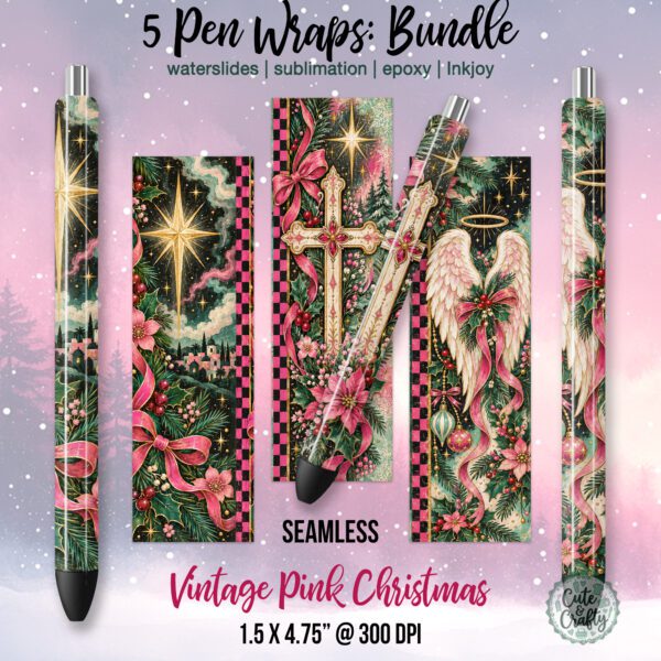 Vintage Pink Christmas Christian Pen Wraps PNG: 5 Design Bundle