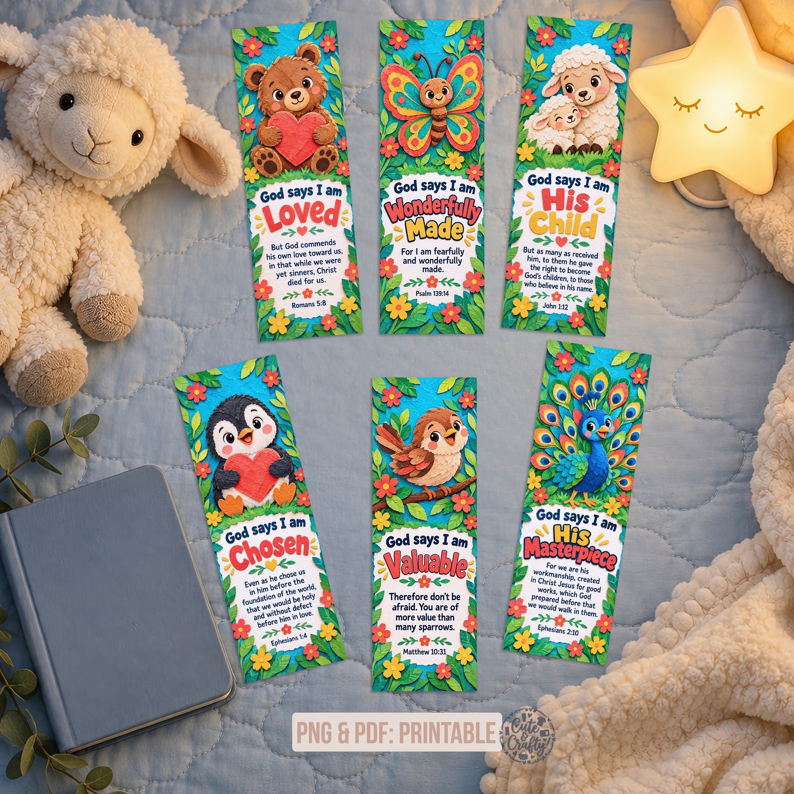 God Says I Am Paper Animals Printable Bookmarks: Set of 6 Christian Kids Bookmarks