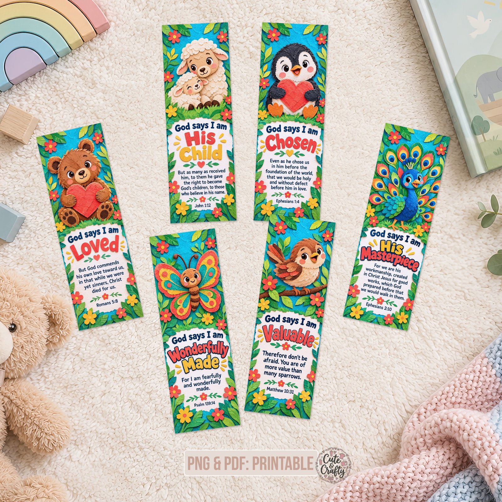 God Says I Am Paper Animals Printable Bookmarks: Set of 6 Christian Kids Bookmarks