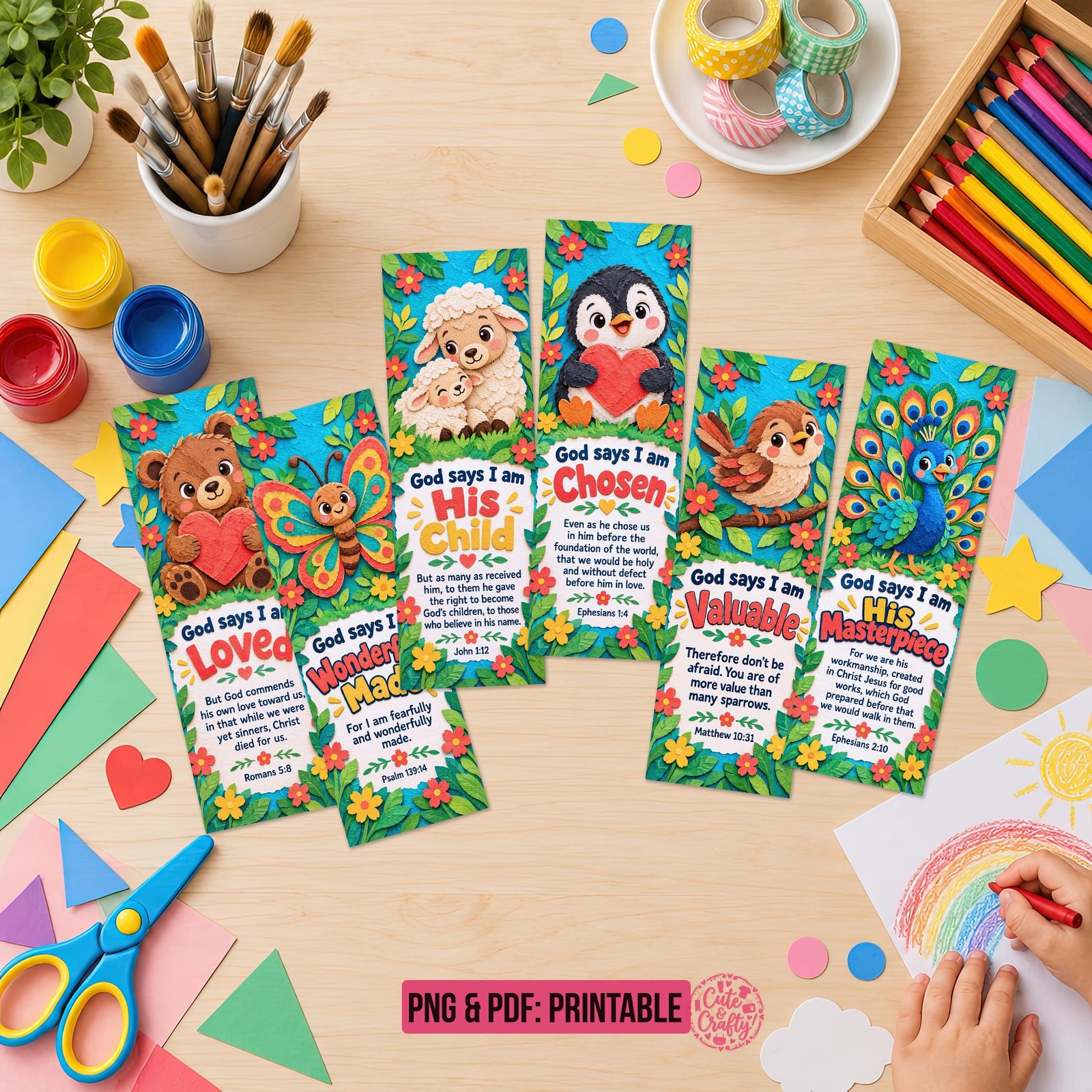 God Says I Am Paper Animals Printable Bookmarks: Set of 6 Christian Kids Bookmarks