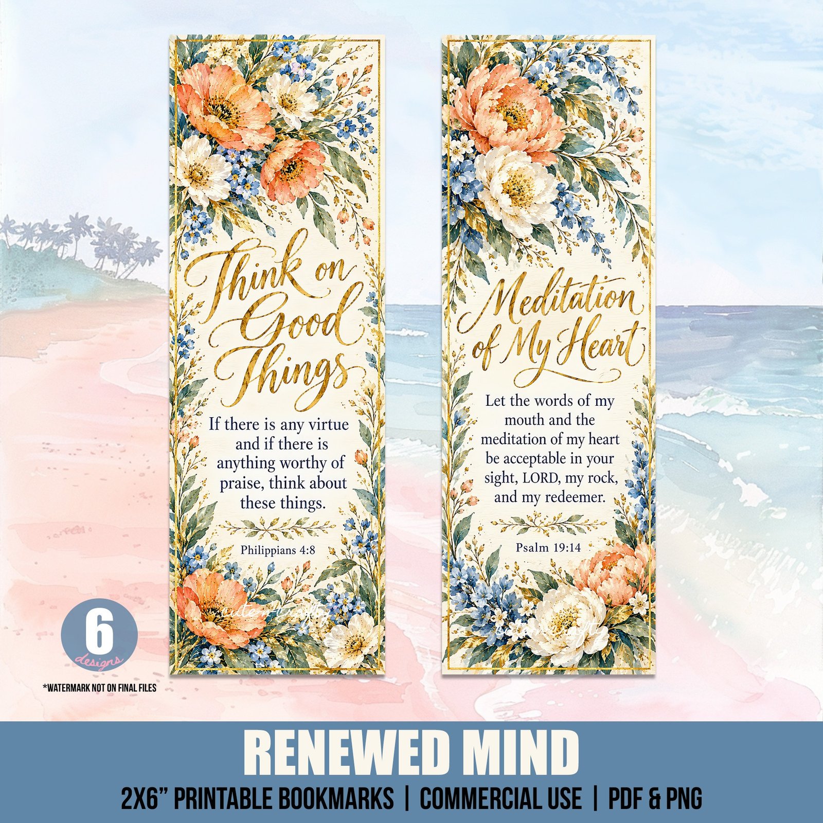Renewed Mind Printable Bookmarks: Set of 6 Christian Bookmarks for Women