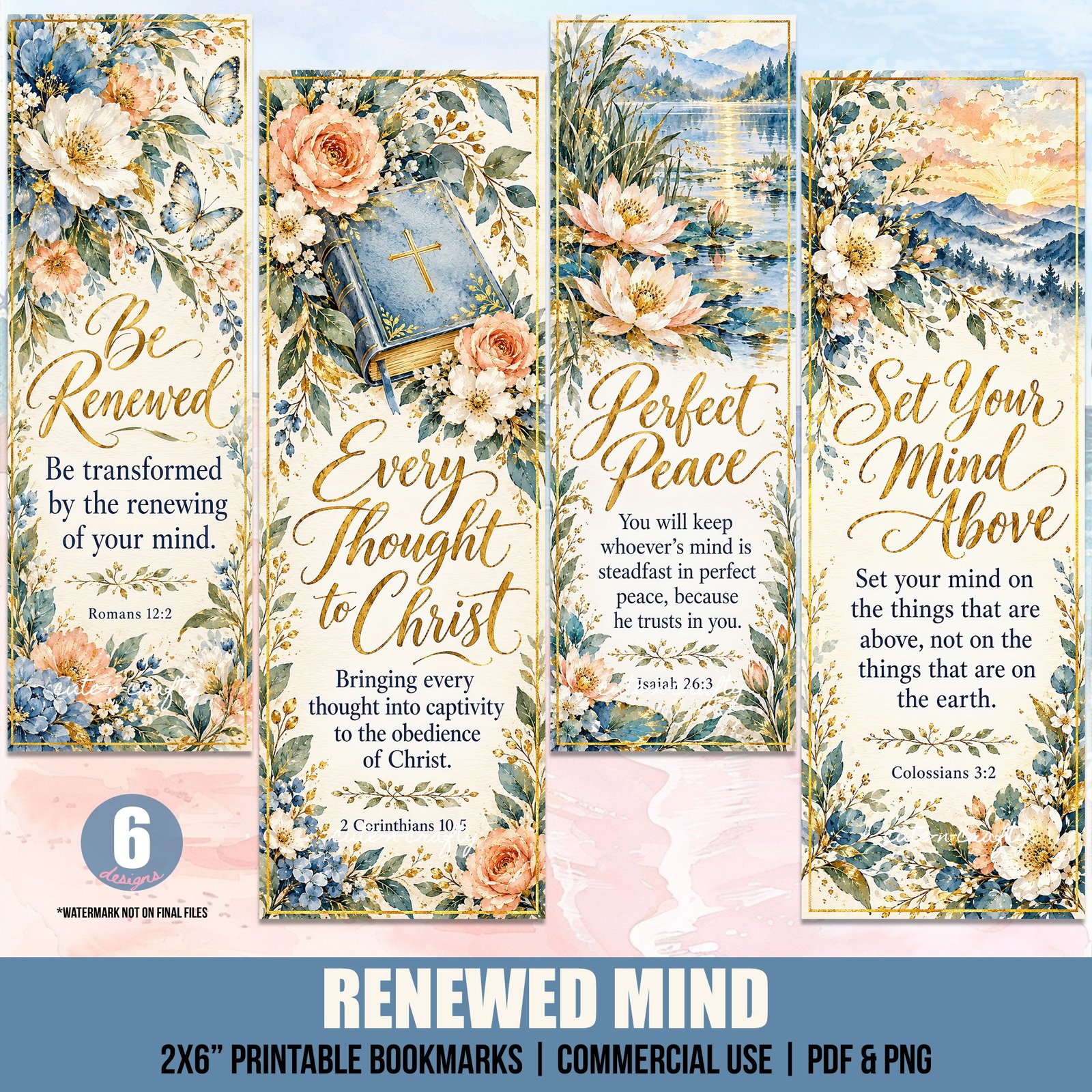 Renewed Mind Printable Bookmarks: Set of 6 Christian Bookmarks for Women