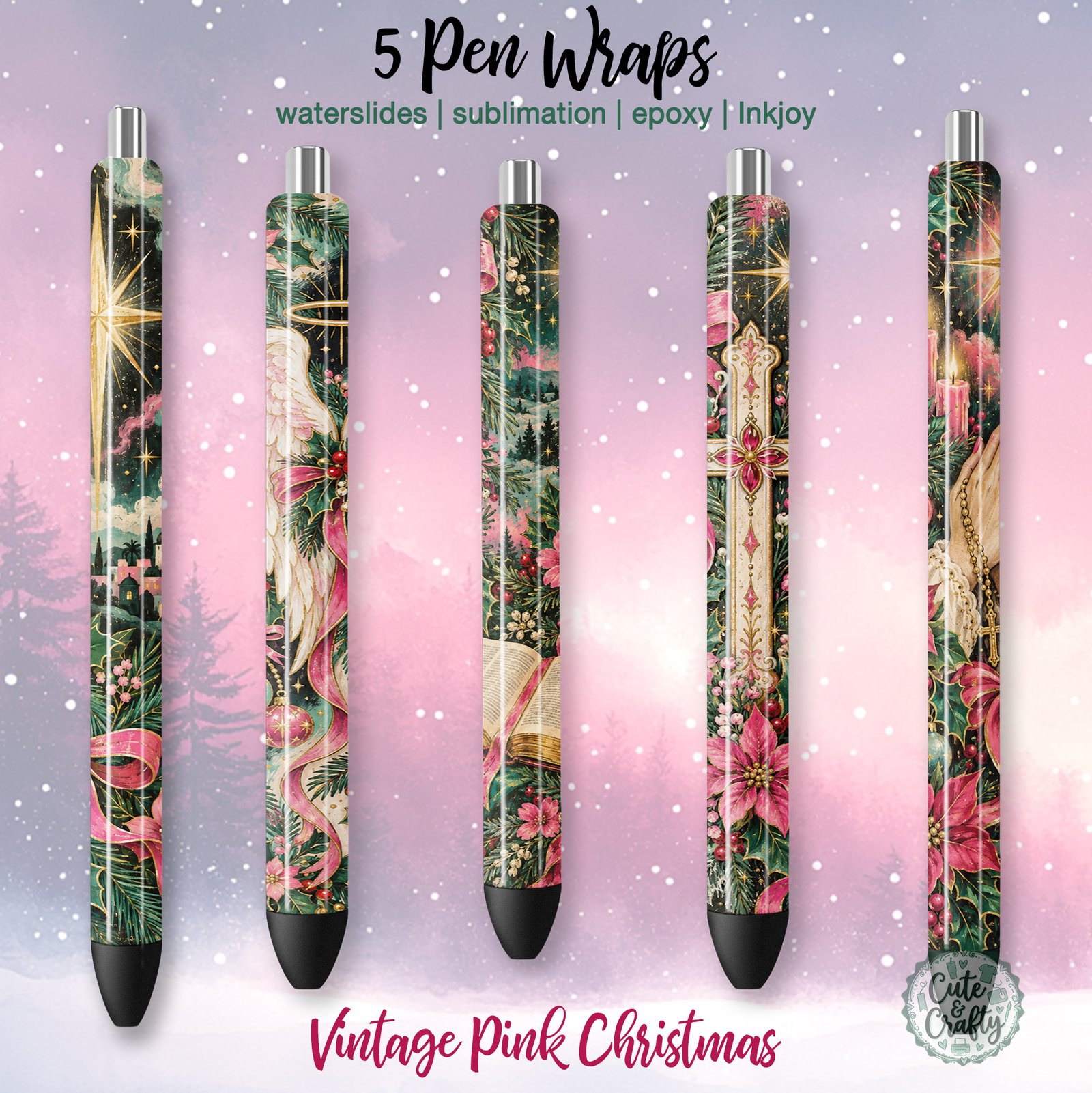 Vintage Pink Christmas Christian Pen Wraps PNG: 5 Design Bundle